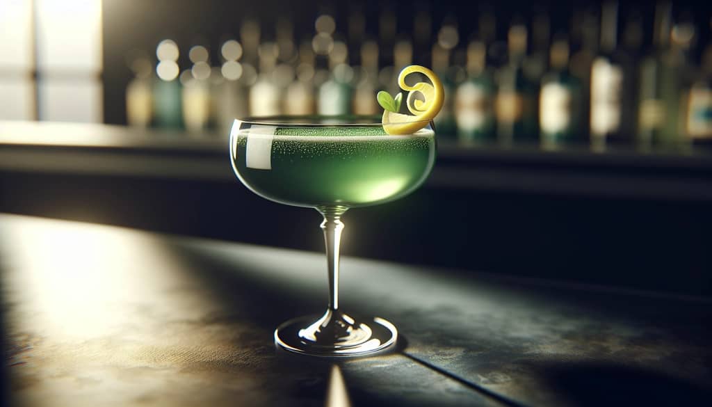 bijou cocktail on a bar with lemon twist garnish