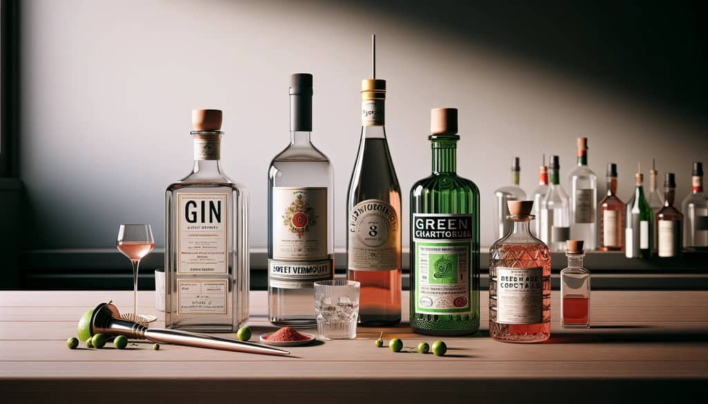 ingredients for bijou cocktail including gin, sweet vermouth, green chartreuse, and orange bitters