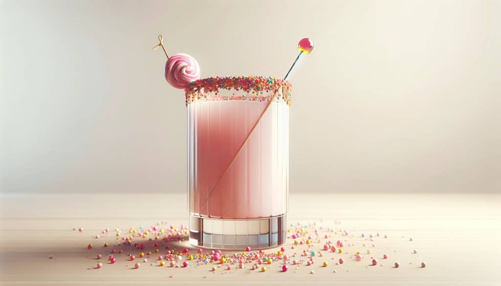 cocktail with candy garnish and colorful sprinkled rim