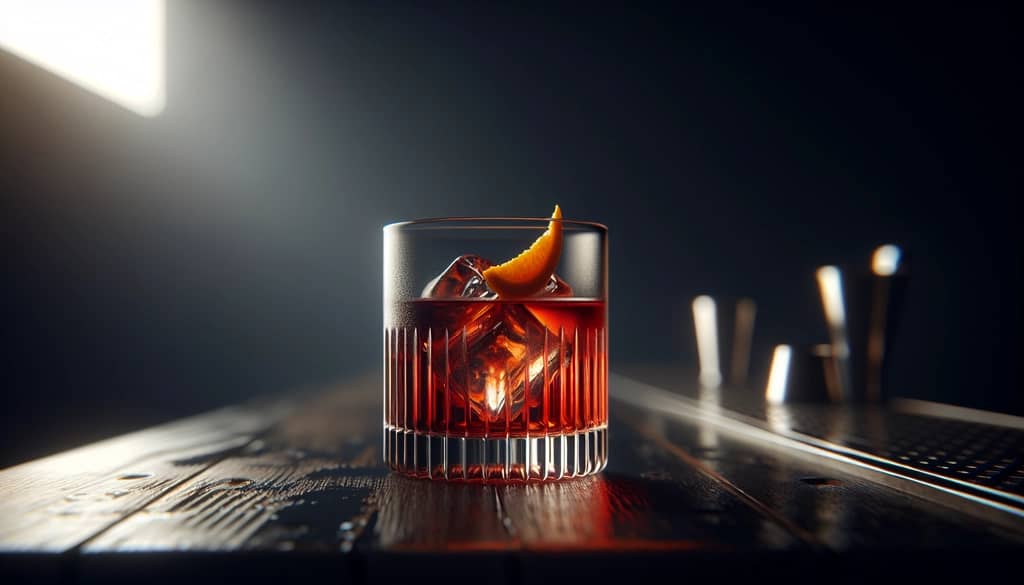 오렌지 트위스트 가니시가 있는 락스 글라스의 쓴 칵테일