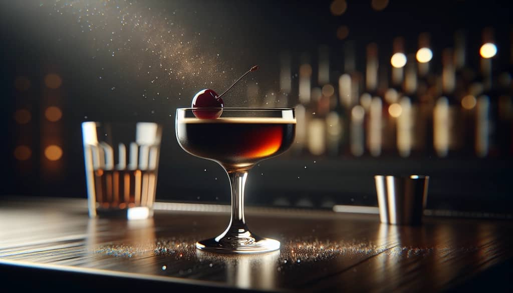 Black Manhattan cocktail in a coupe glass with cherry garnish