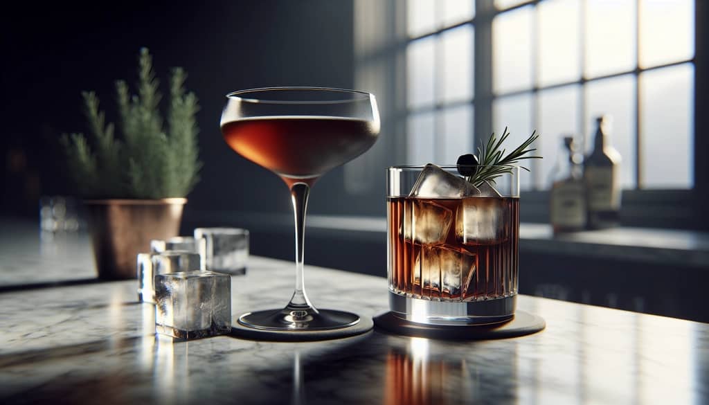 Black Manhattan cocktail variations side by side in different glasses