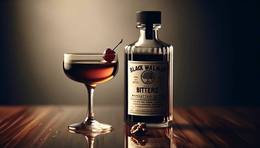 Black walnut bitters bottle with cocktail