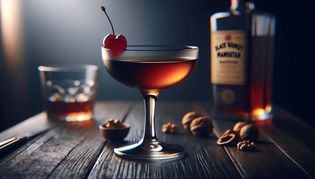 Black Walnut Manhattan im Coupé-Glas mit Kirschgarnitur