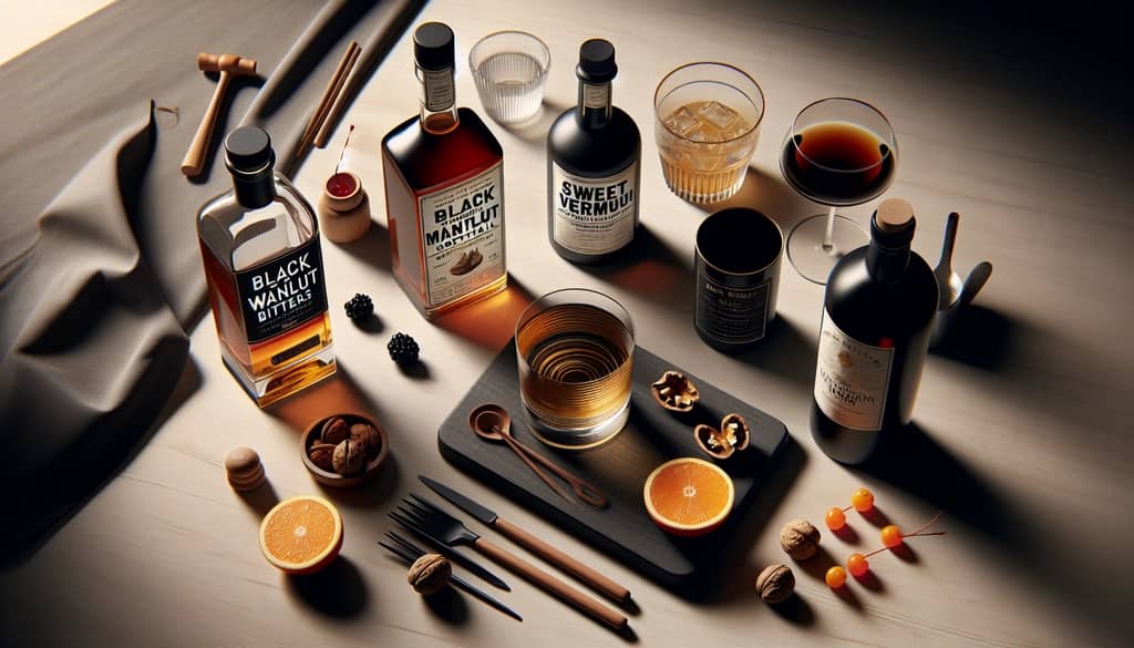 Ingredients for a modern Black Walnut Manhattan