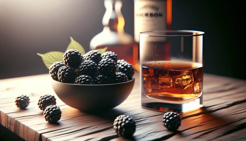blackberries in bowl and glass of bourbon