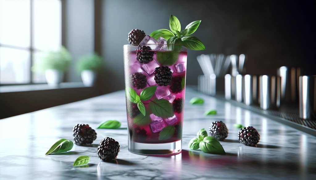 하이볼 잔에 블랙베리 바질 모히토와 블랙베리와 바질 가니시