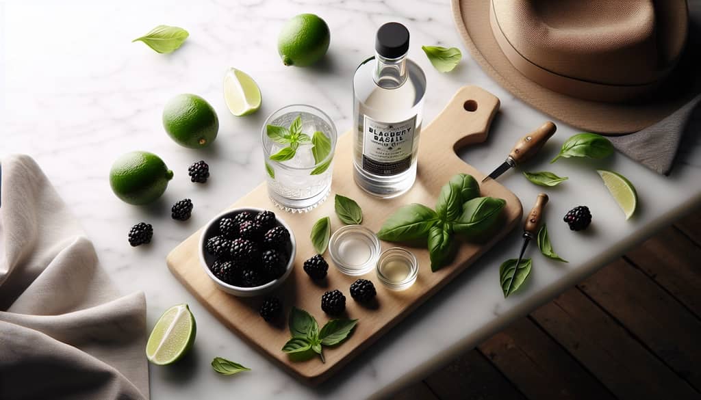 ingredients for blackberry basil mojito on wooden board
