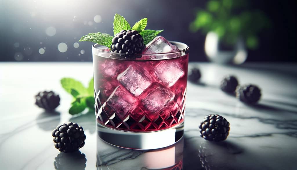 blackberry bourbon smash cocktail in rocks glass