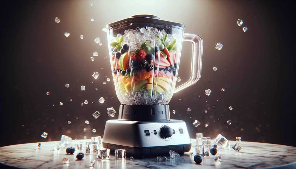 blender blending frozen cocktail with ice and fruit