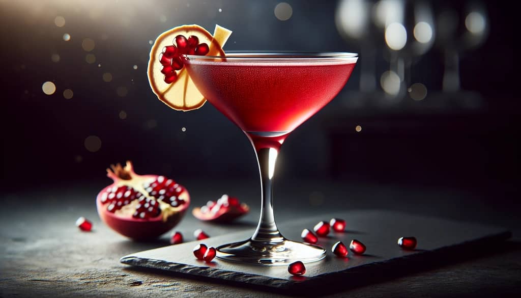 bloody ginger pomegranate martini with striking red color and ginger garnish