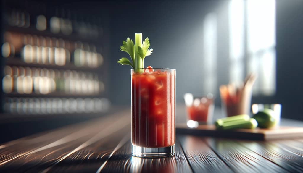 bloody mary in tall glass celery garnish