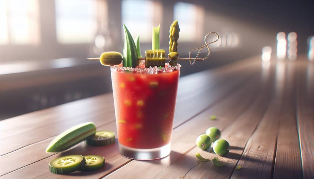 bloody mary with themed vegetable garnishes on skewer