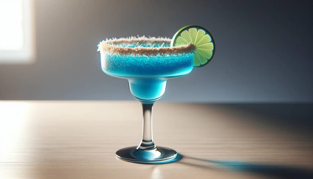 margarita dừa xanh trong ly margarita với viền dừa nướng và lát chanh xanh