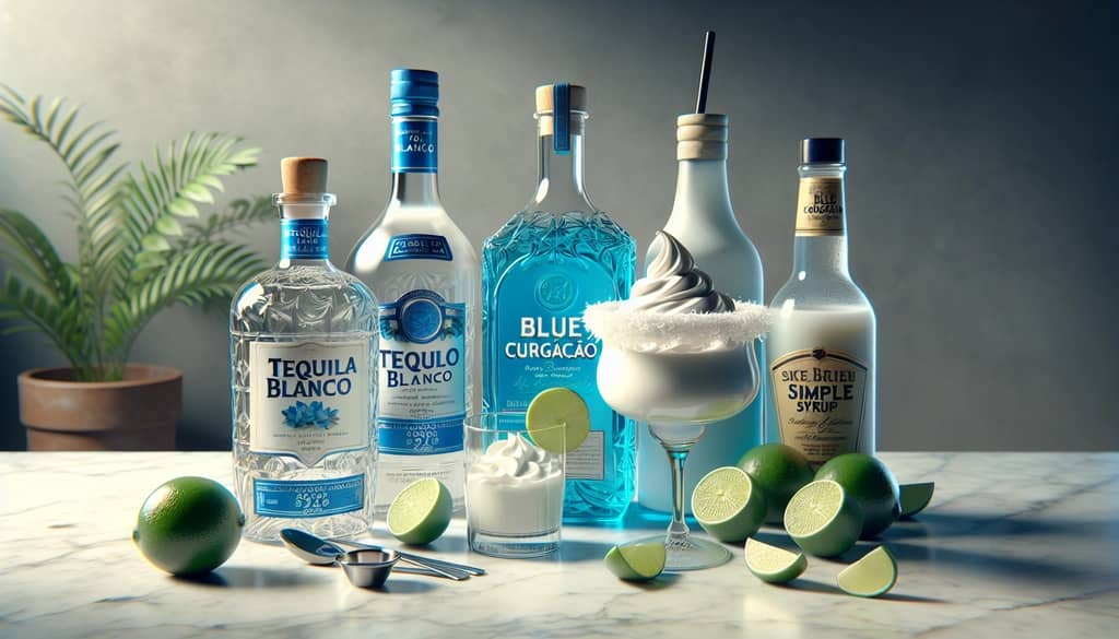 ingredients for blue coconut margarita including tequila, blue curaçao, and coconut cream