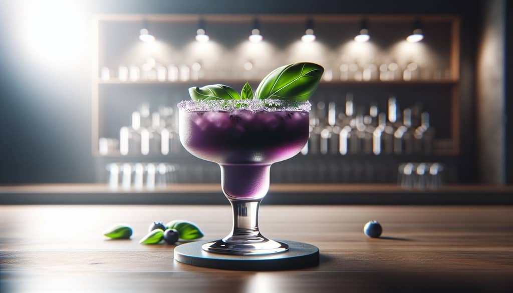 blueberry basil margarita with basil garnish