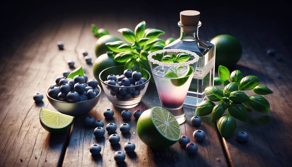 ingredients for blueberry basil margarita on table