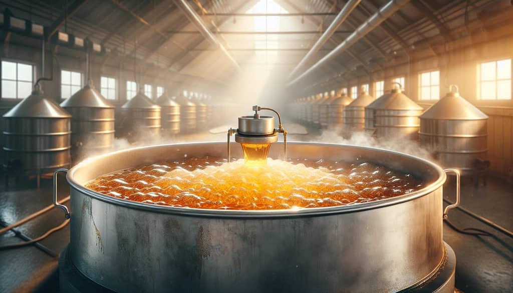 maple sap boiling in open evaporator pan