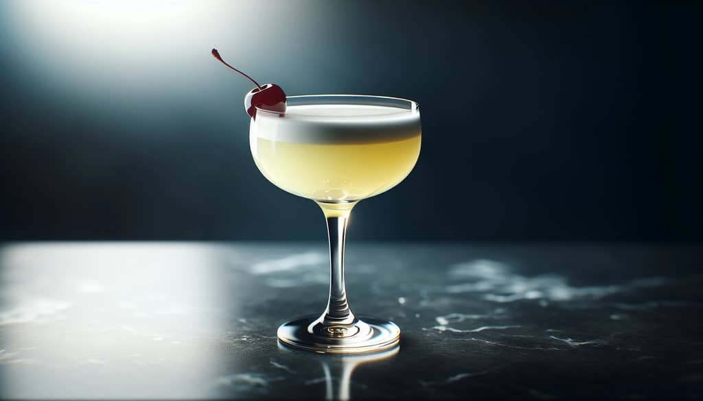 Koktail Boston Sour dalam gelas coupe dengan busa dan hiasan ceri