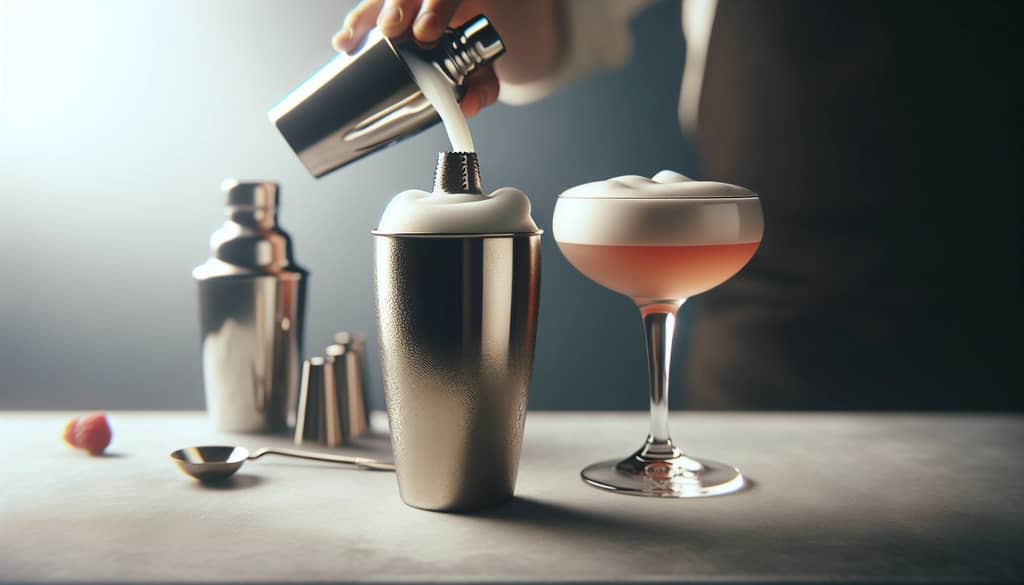 step-by-step making of boston sour cocktail with egg white foam
