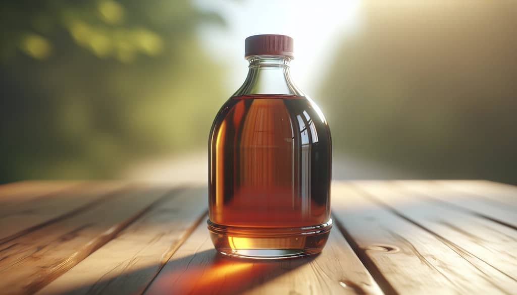 maple syrup in clear glass bottle on wood
