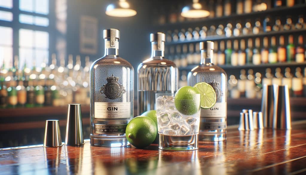 Bottles of gin and soda water next to a fresh lime, ready to prepare a classic cocktail