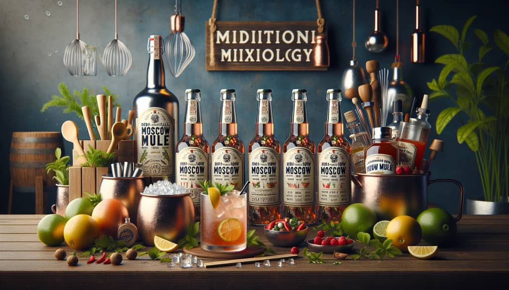 Bottles of non-alcoholic Moscow Mule mixes with ingredients to customize your perfect drink