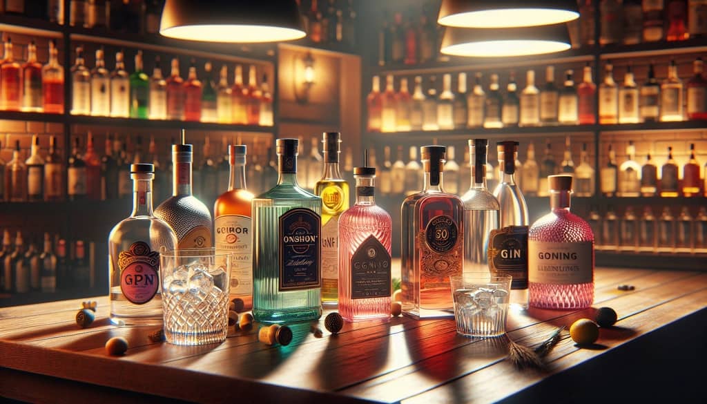 Bottles of various non-alcoholic spirit brands styled as gin alternatives