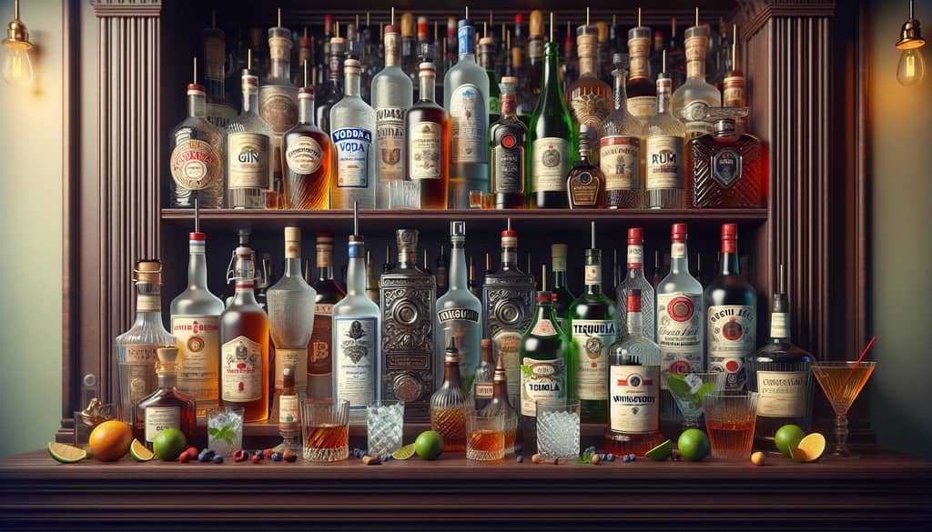 Bottles of vodka, gin, rum, tequila, whiskey, and vermouth lined up as fundamental ingredients for classic and contemporary cocktails.
