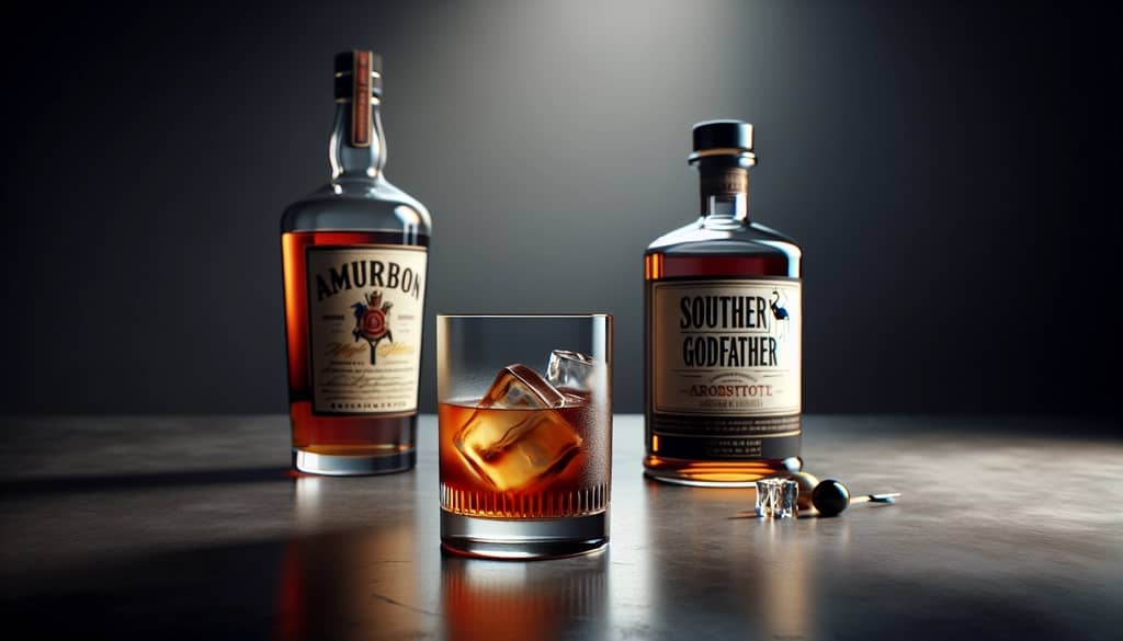 two whiskey bottles and amaretto liqueur with cocktail