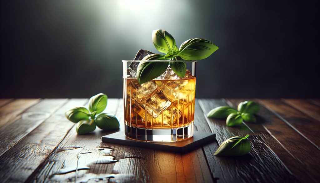 bourbon basil smash in a rocks glass with basil garnish