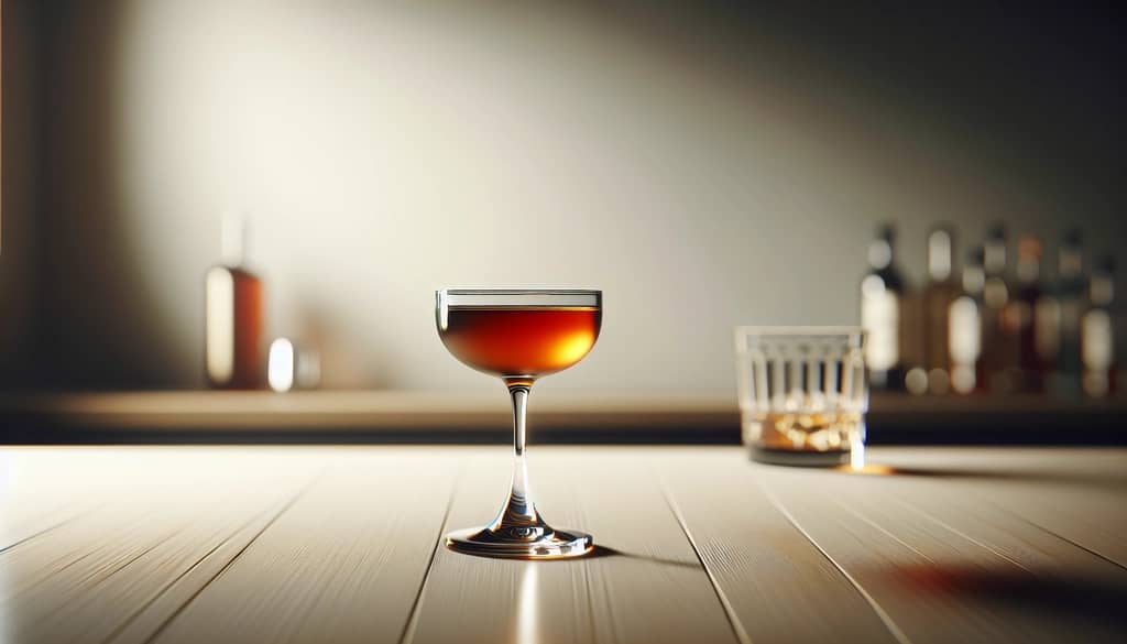 Bourbon Falernum Sherry und Pfirsich Bitter Cocktail im Coupé-Glas