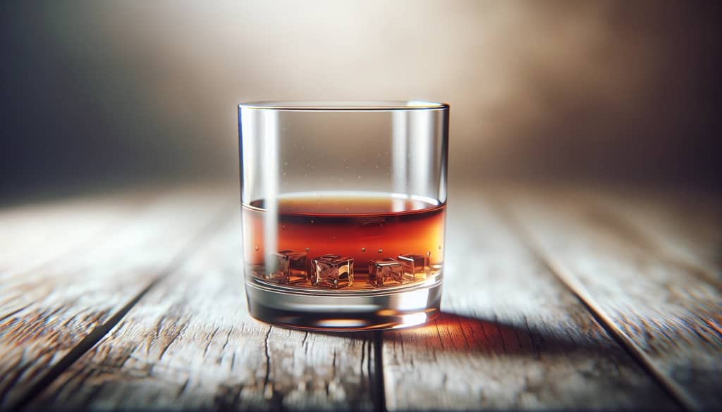 سكبة بوربون صافية في كأس على خشب البلوط