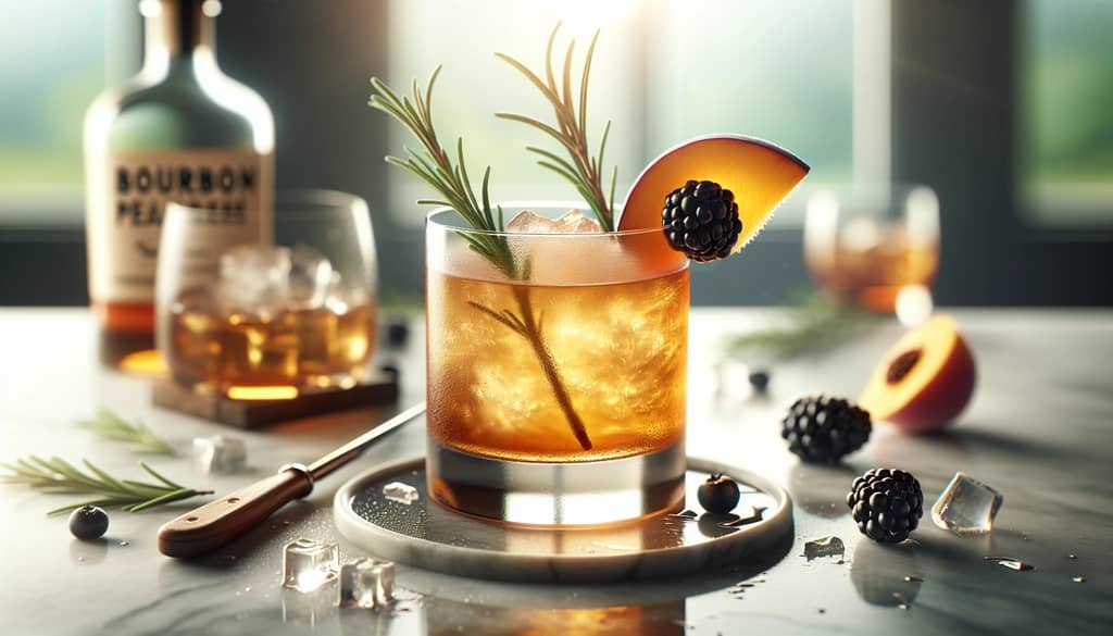 bourbon peach smash with blackberry and rosemary twist