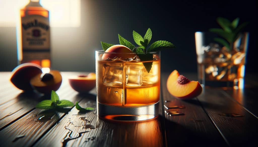 bourbon peach smash dalam gelas rocks dengan hiasan mint dan persik