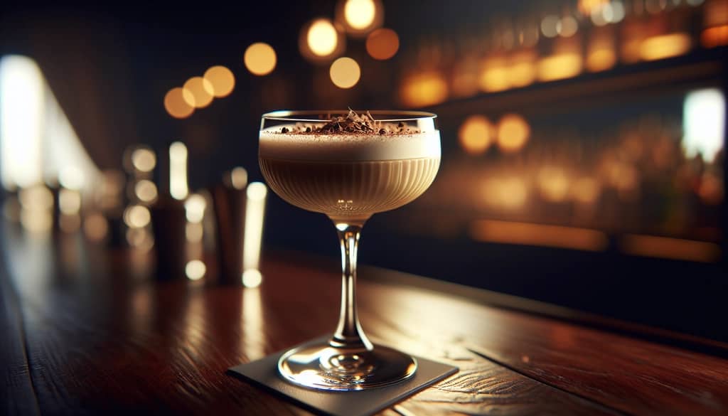 Brandy Alexander cocktail in a coupe glass with chocolate shavings