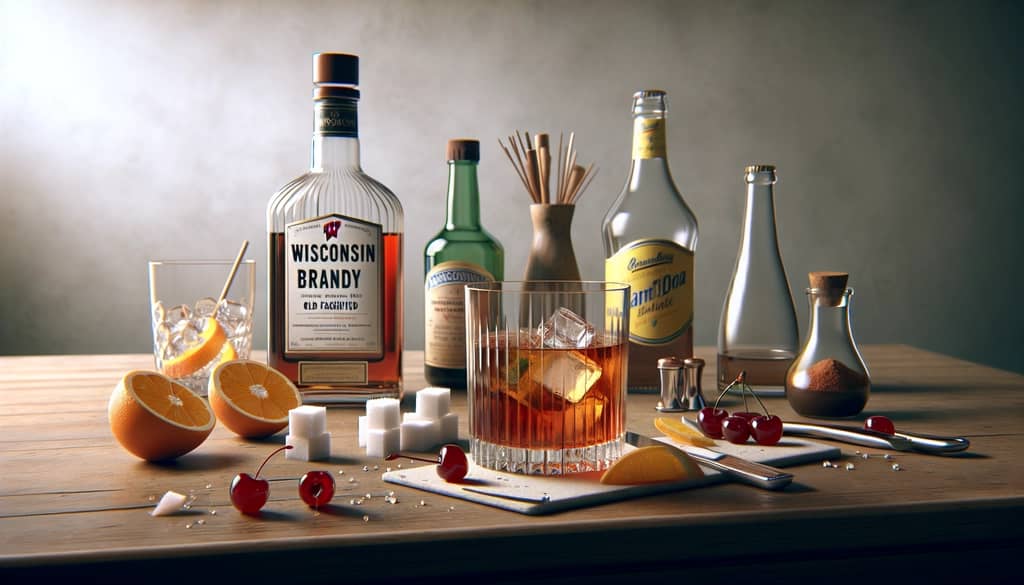 Brandy old fashioned ingredients on wood bar