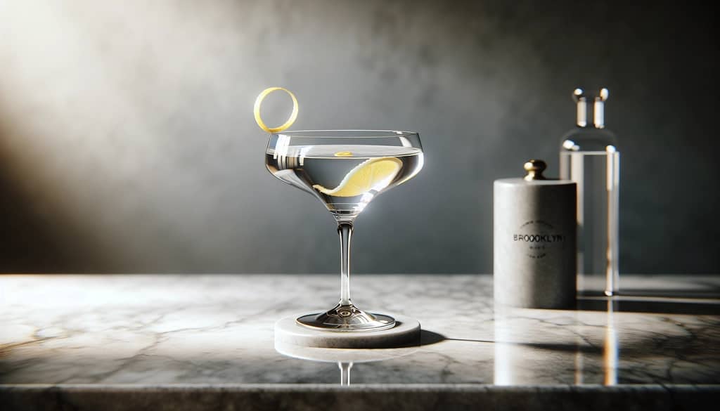Brooklyn gin martini with lemon twist in coupe glass