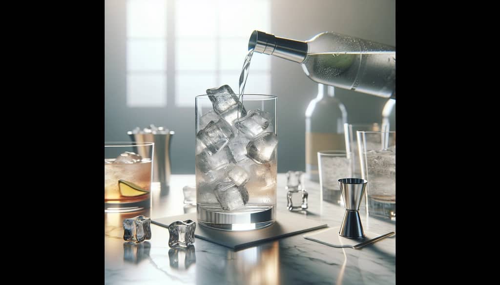 हाईबॉल ग्लास में बर्फ के साथ कॉकटेल बनाना