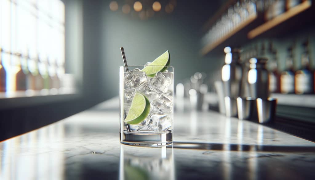 koktail dibuat dengan jeruk nipis dan es segar dalam gelas highball
