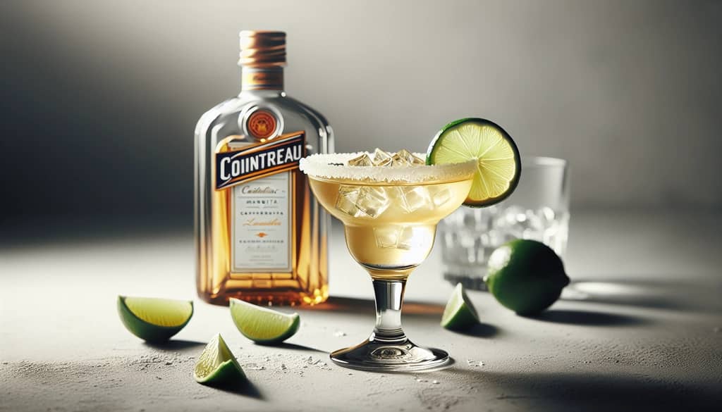 cadillac margarita with cointreau in a rocks glass with lime wheel