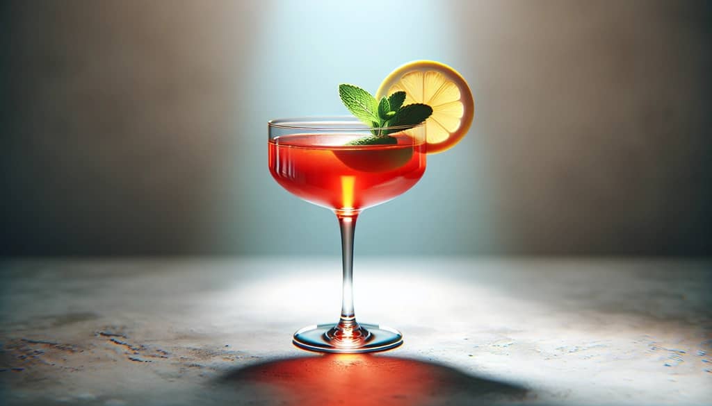 Campari cocktail with lemon slice and fresh herbs