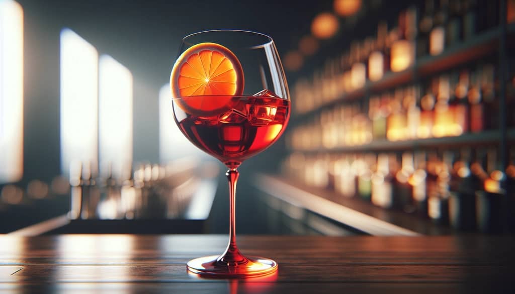 Campari Spritz cocktail in a wine glass with orange wheel garnish