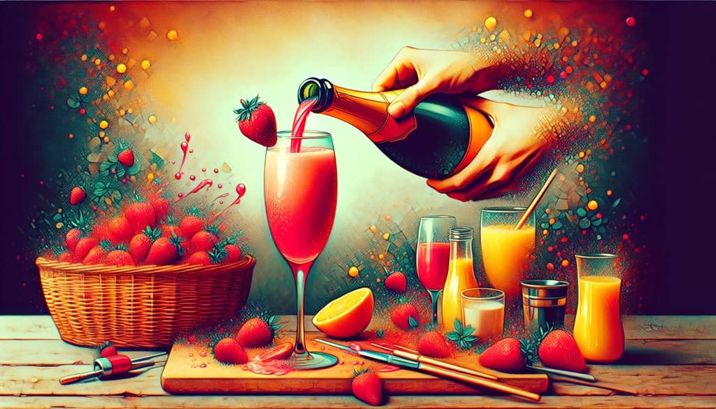 Carefully mixing strawberry puree with champagne to create a fresh and sparkling Strawberry Mimosa