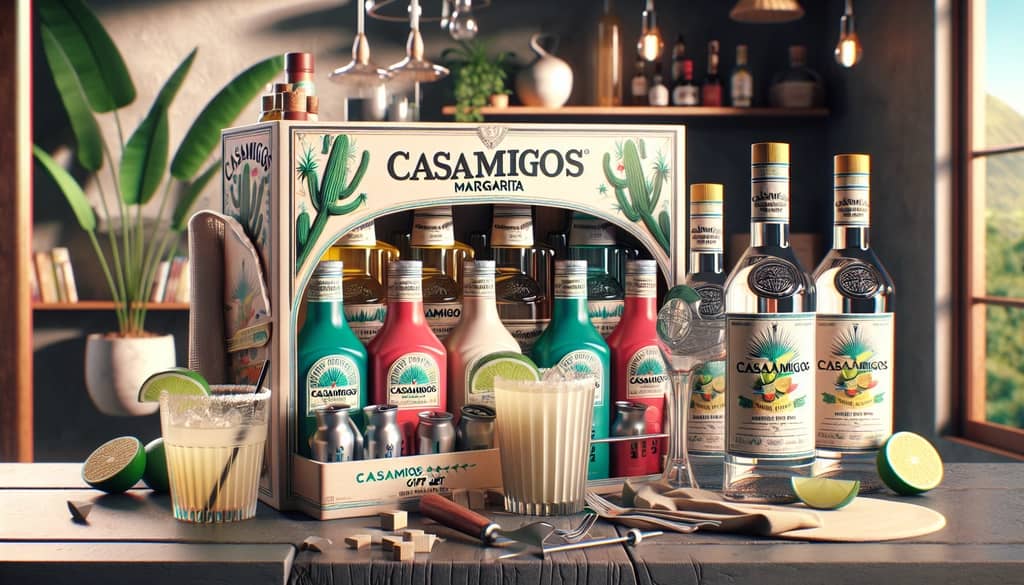 Casamigos Margarita gift sets featuring a variety of ingredients, including tequila and mixers, packaged for a complete drink experience