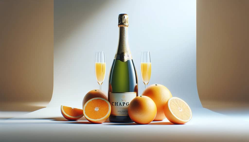 Fresh champagne bottle and oranges on white background