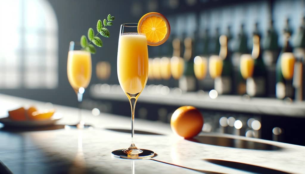 Mimosa de champán en una copa flauta con rodaja de naranja