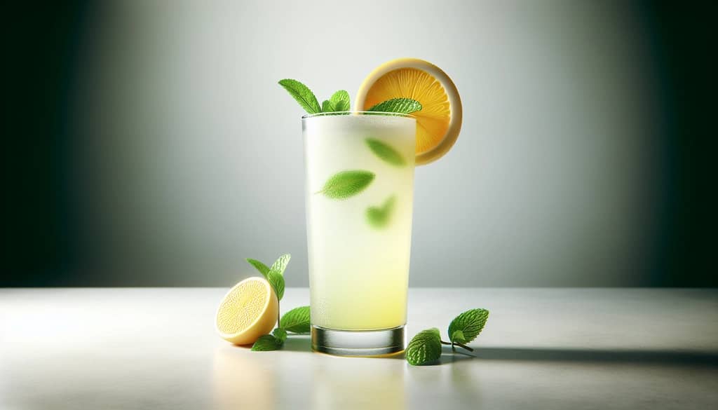 citrus mint fizz mocktail in a tall glass with citrus wheel