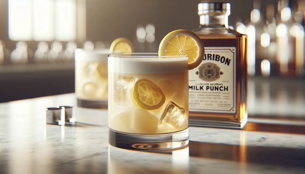 투명한 유리잔에 담긴 정제된 버번 밀크 펀치