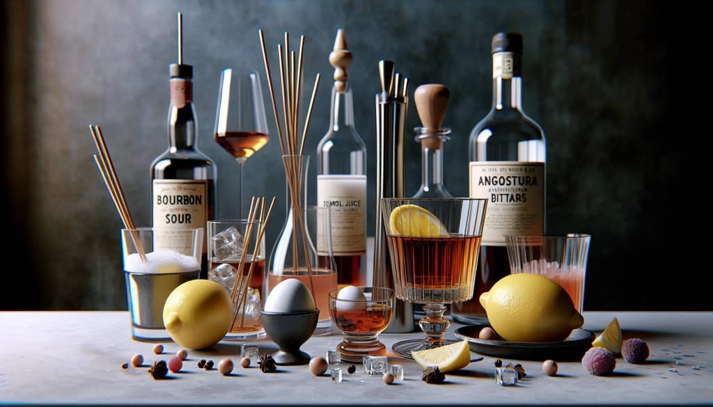 Classic Boston Sour ingredients including bourbon, lemon juice, simple syrup, egg white, and Angostura bitters, arranged artfully on a bar table